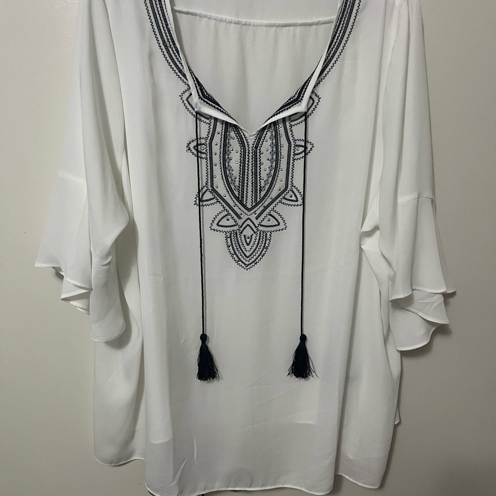 Avenue White Tunic with Black Embroidery & Tassel Ties